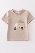 Khaki long-sleeve top with colorful truck applique, perfect for playful adventures.