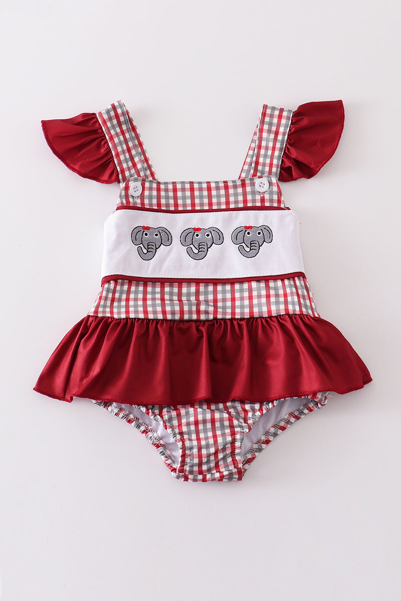 Alabama elephant embroidery girl one-piece swimsuit with playful red and white stripes.