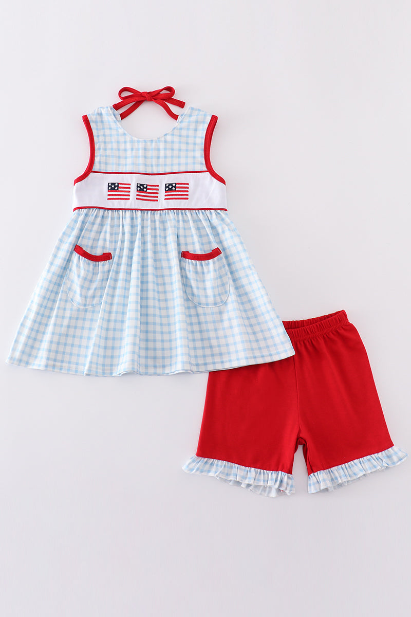 Blue flag embroidery set: cozy, stylish outfit with playful flag patterns for kids.