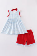 Blue flag embroidery set: cozy, stylish outfit with playful flag patterns for kids.