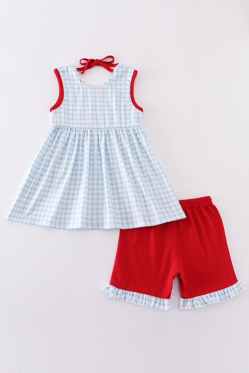 Blue flag embroidery set: cozy, stylish outfit with playful flag patterns for kids.