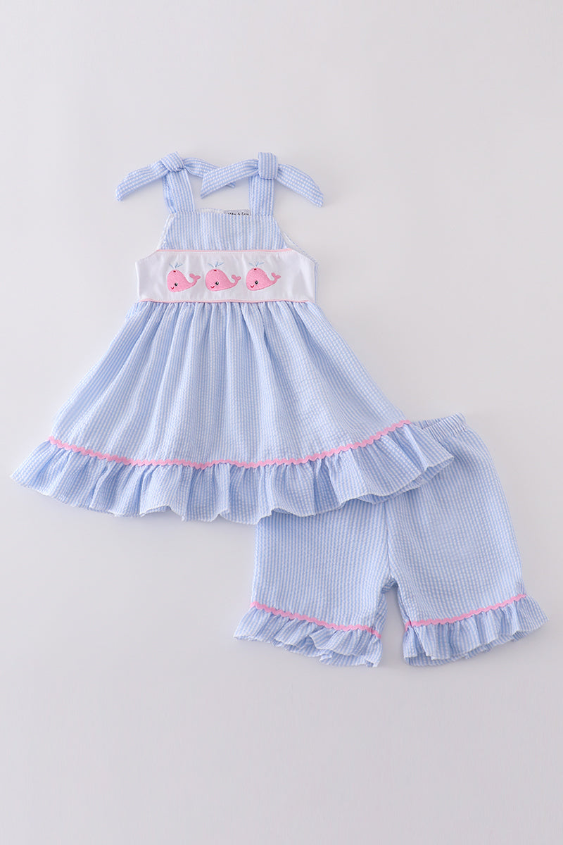 Blue seersucker set with adorable whale embroidery, perfect for summer adventures.
