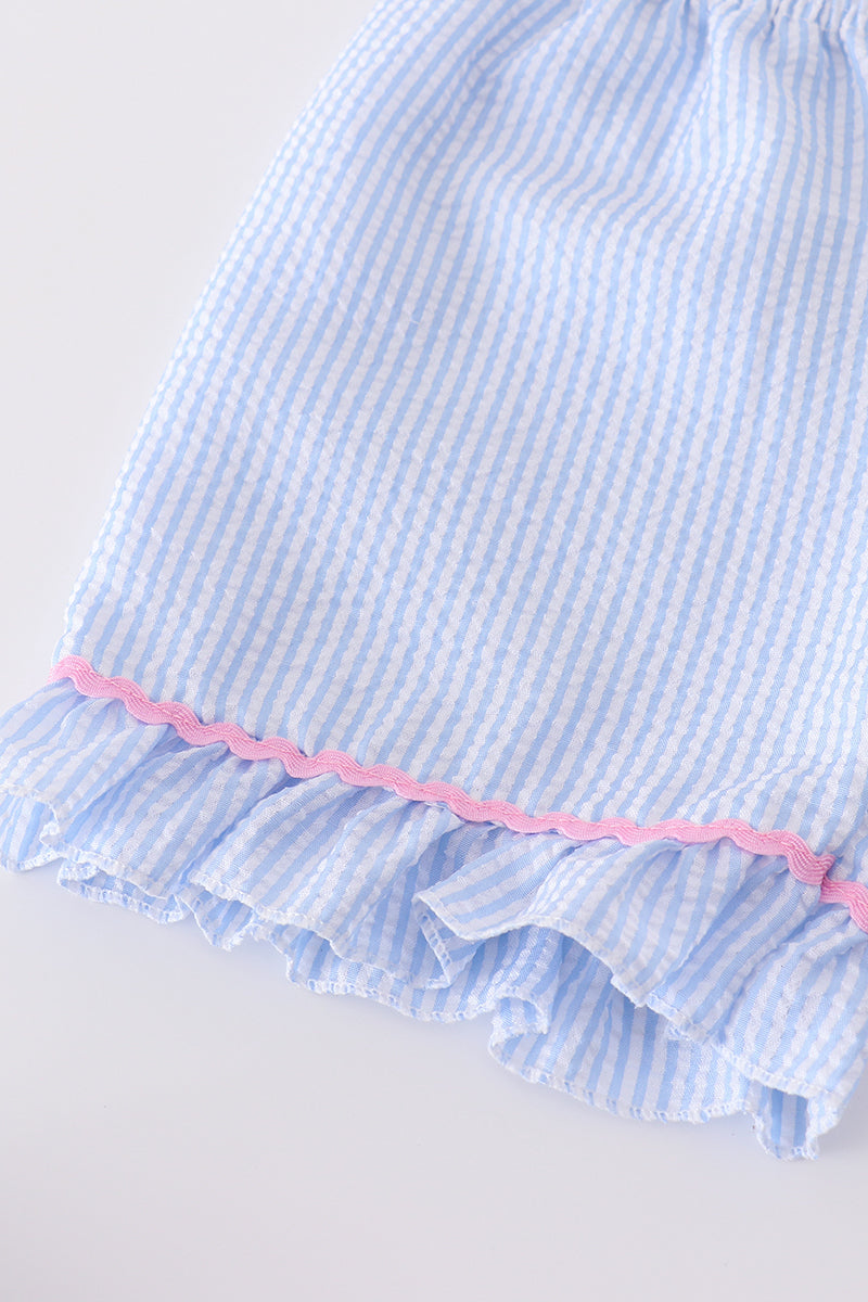 Blue seersucker set with adorable whale embroidery, perfect for summer adventures.