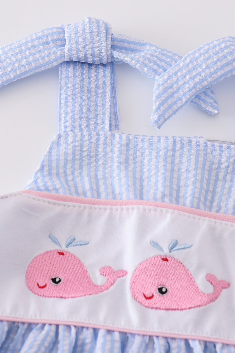Blue seersucker set with adorable whale embroidery, perfect for summer adventures.