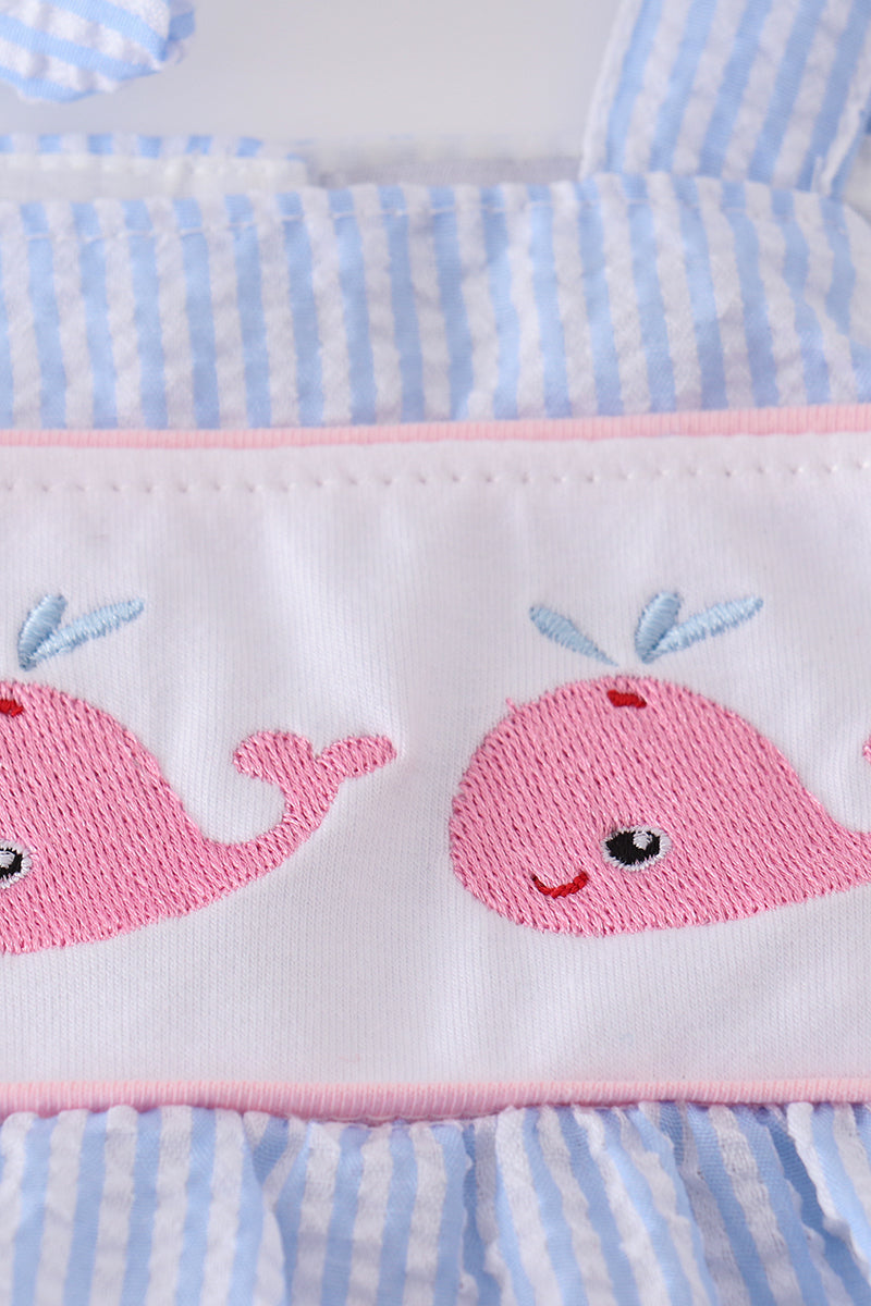 Blue seersucker set with adorable whale embroidery, perfect for summer adventures.