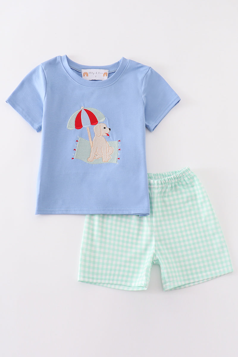 Blue beach puppy embroidery boy set