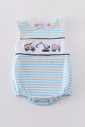 Blue striped boy's bubble with adorable tractor embroidery, perfect for playful adventures.