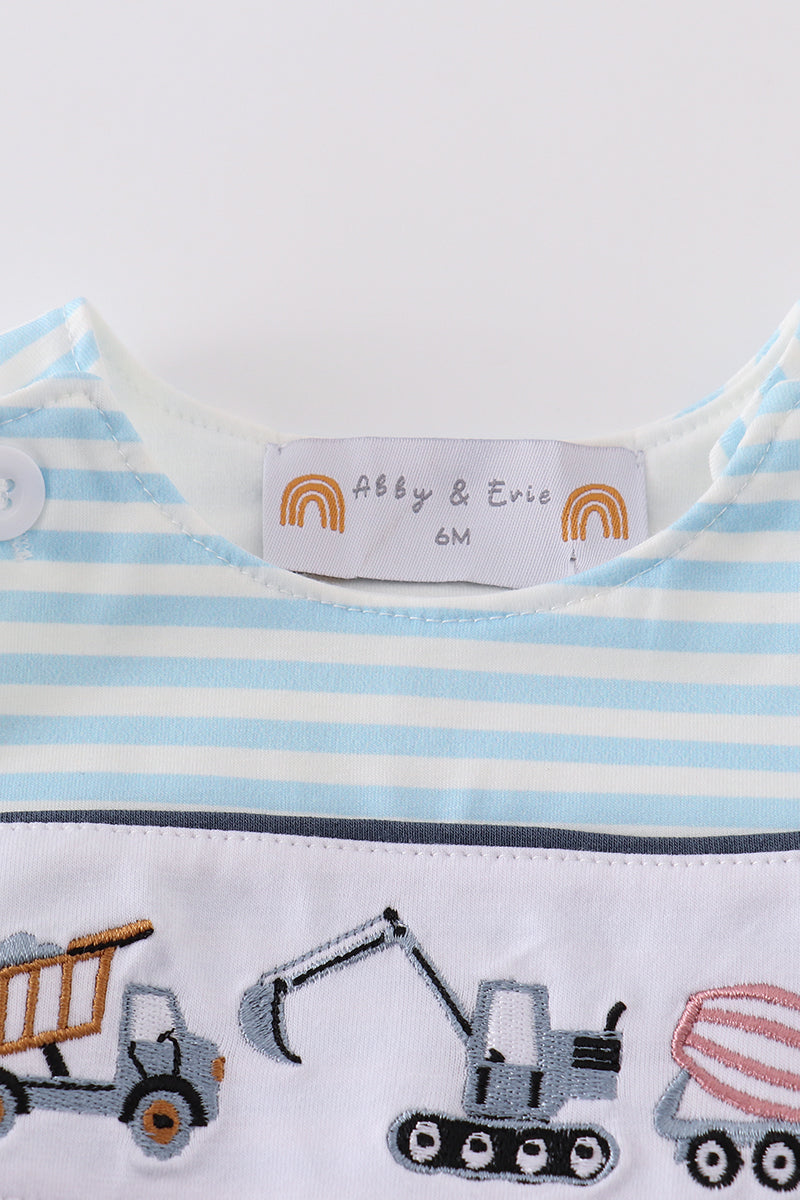 Blue striped boy's bubble with adorable tractor embroidery, perfect for playful adventures.