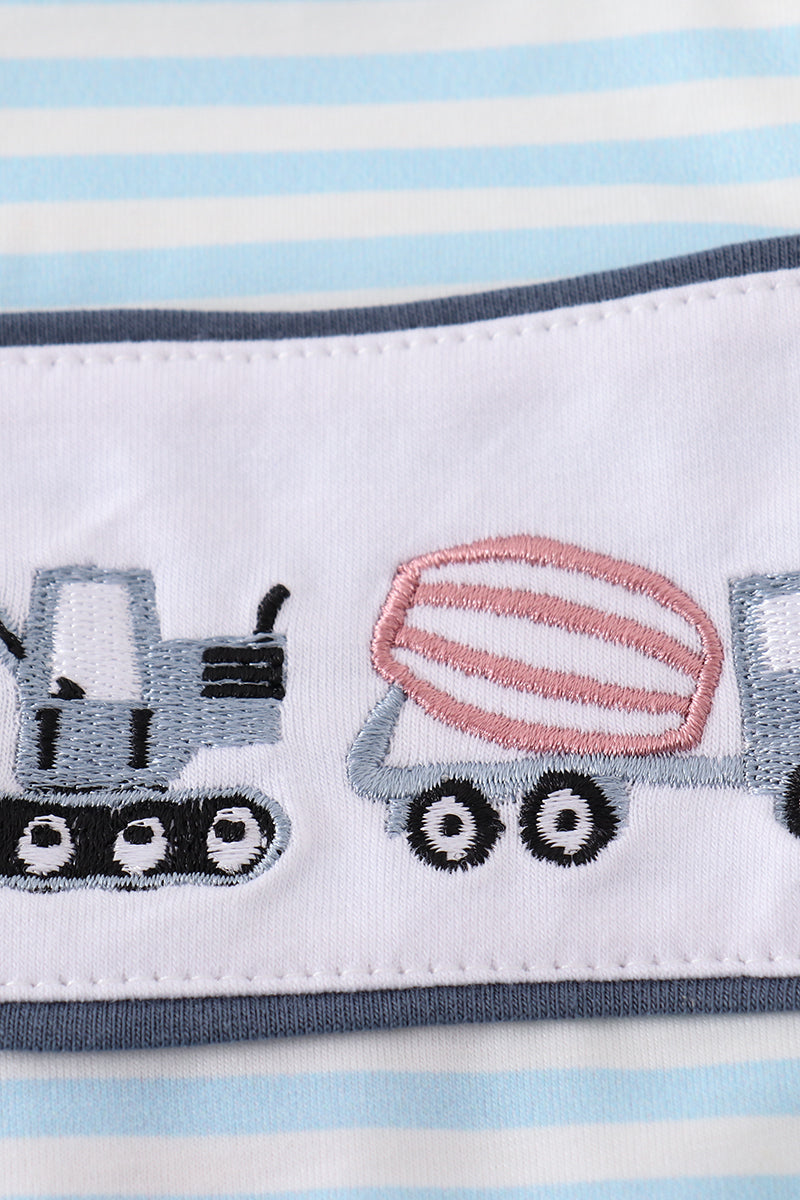 Blue striped boy's bubble with adorable tractor embroidery, perfect for playful adventures.