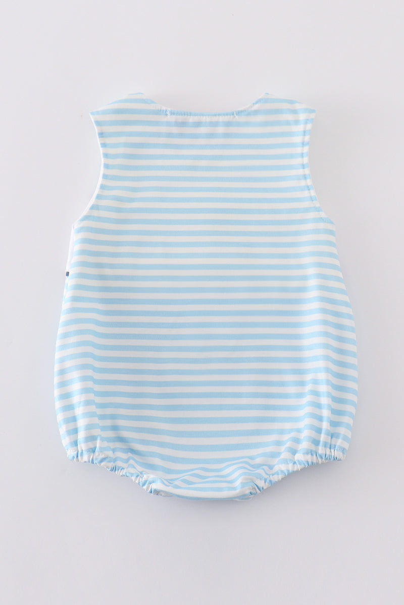 Blue striped boy's bubble with adorable tractor embroidery, perfect for playful adventures.