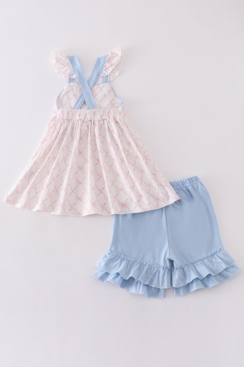 Pink bow print girl set featuring a cozy sweatshirt and matching leggings.