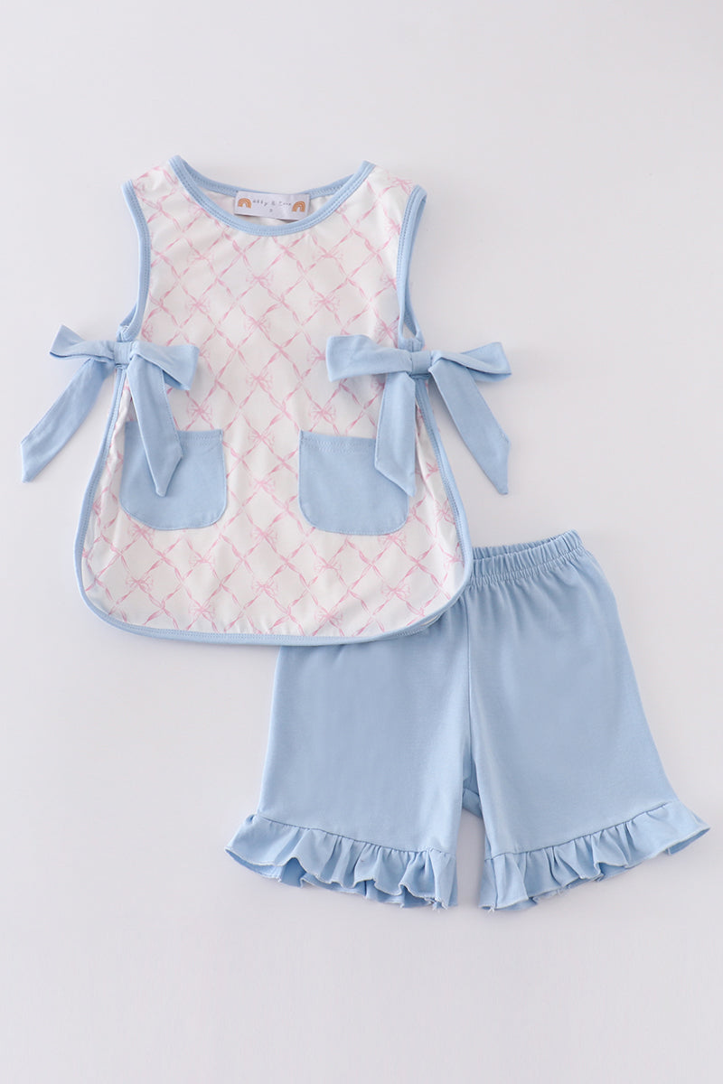 A cute pink bow shorts set for girls, perfect for playful summer days.