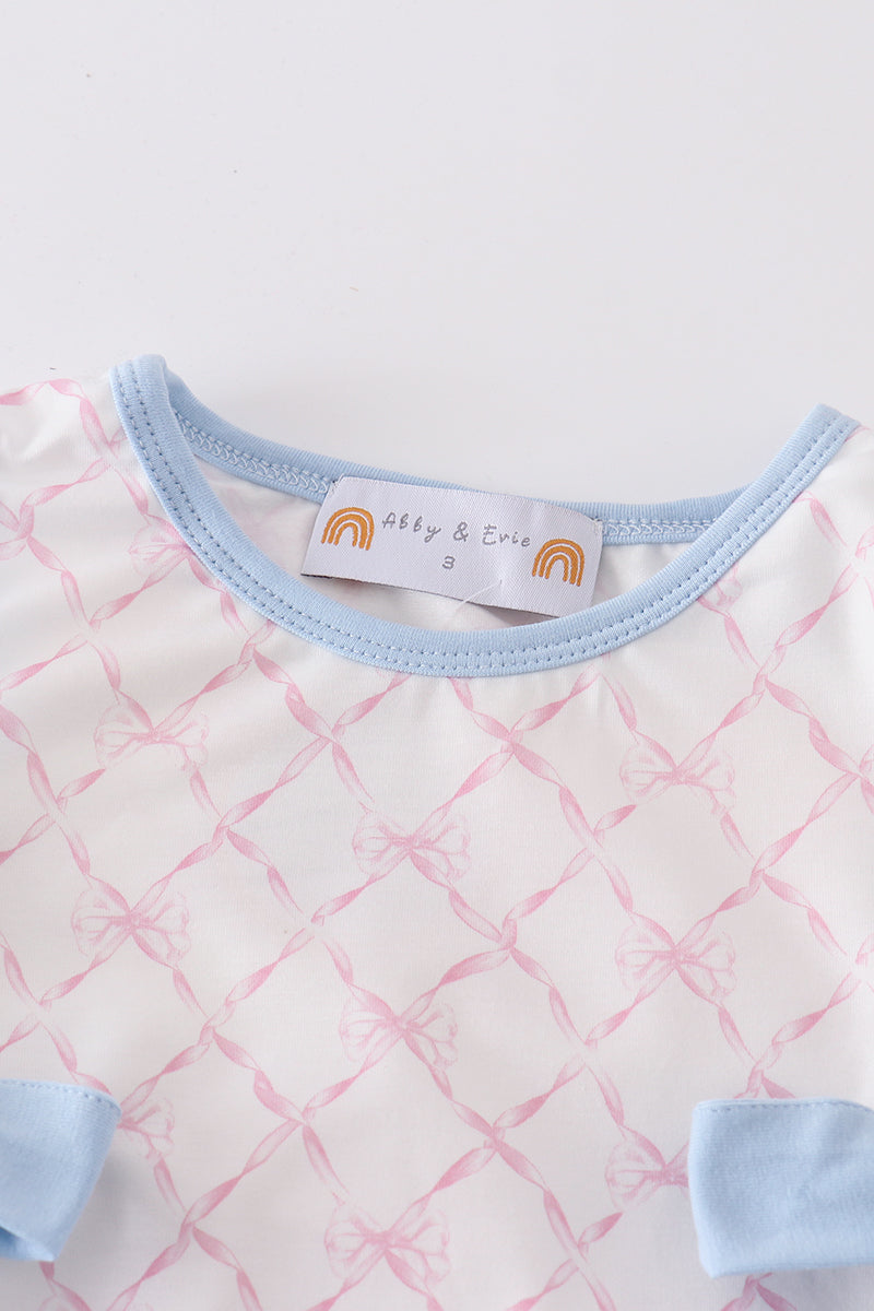 A cute pink bow shorts set for girls, perfect for playful summer days.