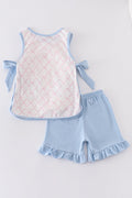 A cute pink bow shorts set for girls, perfect for playful summer days.