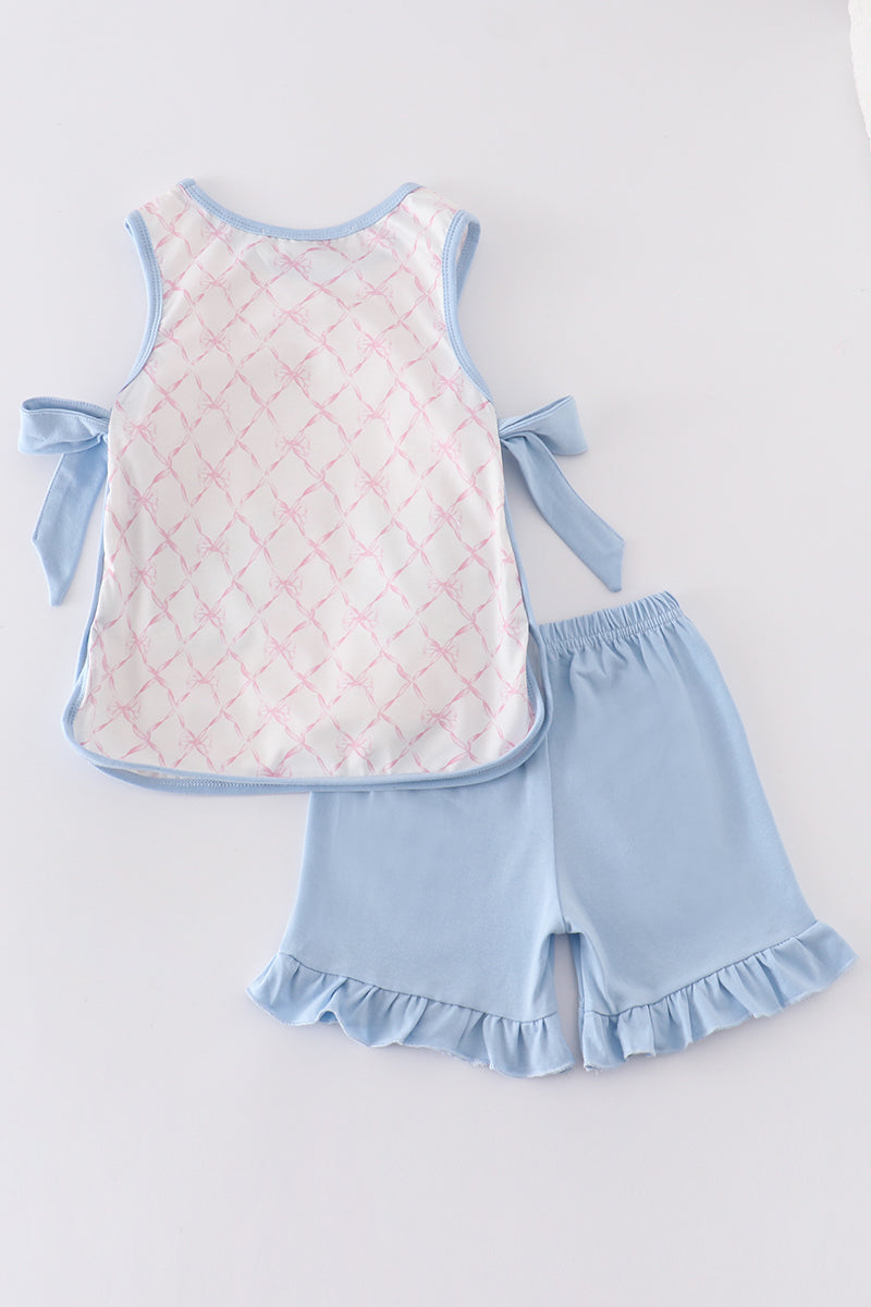 A cute pink bow shorts set for girls, perfect for playful summer days.