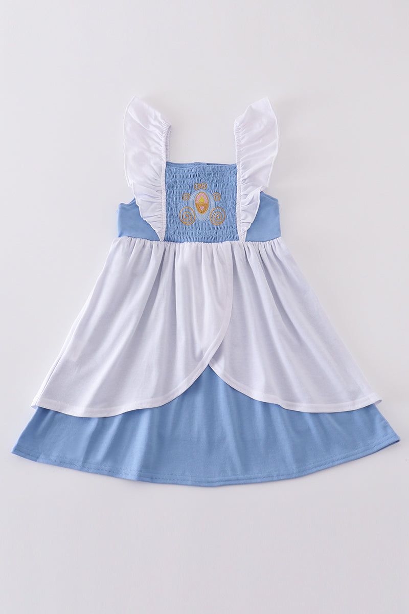 Blue Cinderella smocked dress with puff sleeves and charming fairy tale embroidery.