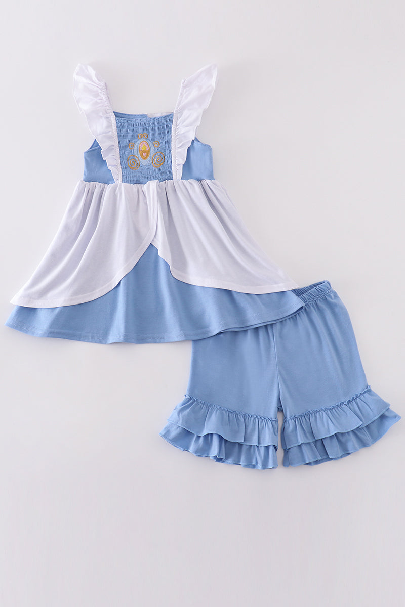 Blue Cinderella smocked girl set with puff sleeves and fairy-tale embroidery.
