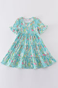 Teal tiered dress with sailboat print, perfect for matching mom and me outfits.