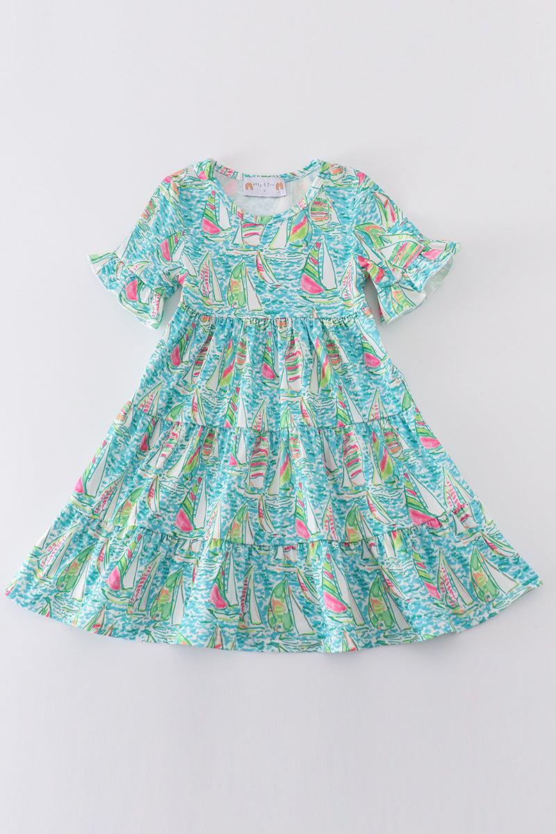 Teal tiered dress with sailboat print, perfect for matching mom and me outfits.