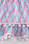 Matching blue smocked dresses with ribbon lace detailing for mom and daughter.