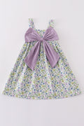 Purple floral girl dress with a bow, perfect for special occasions.