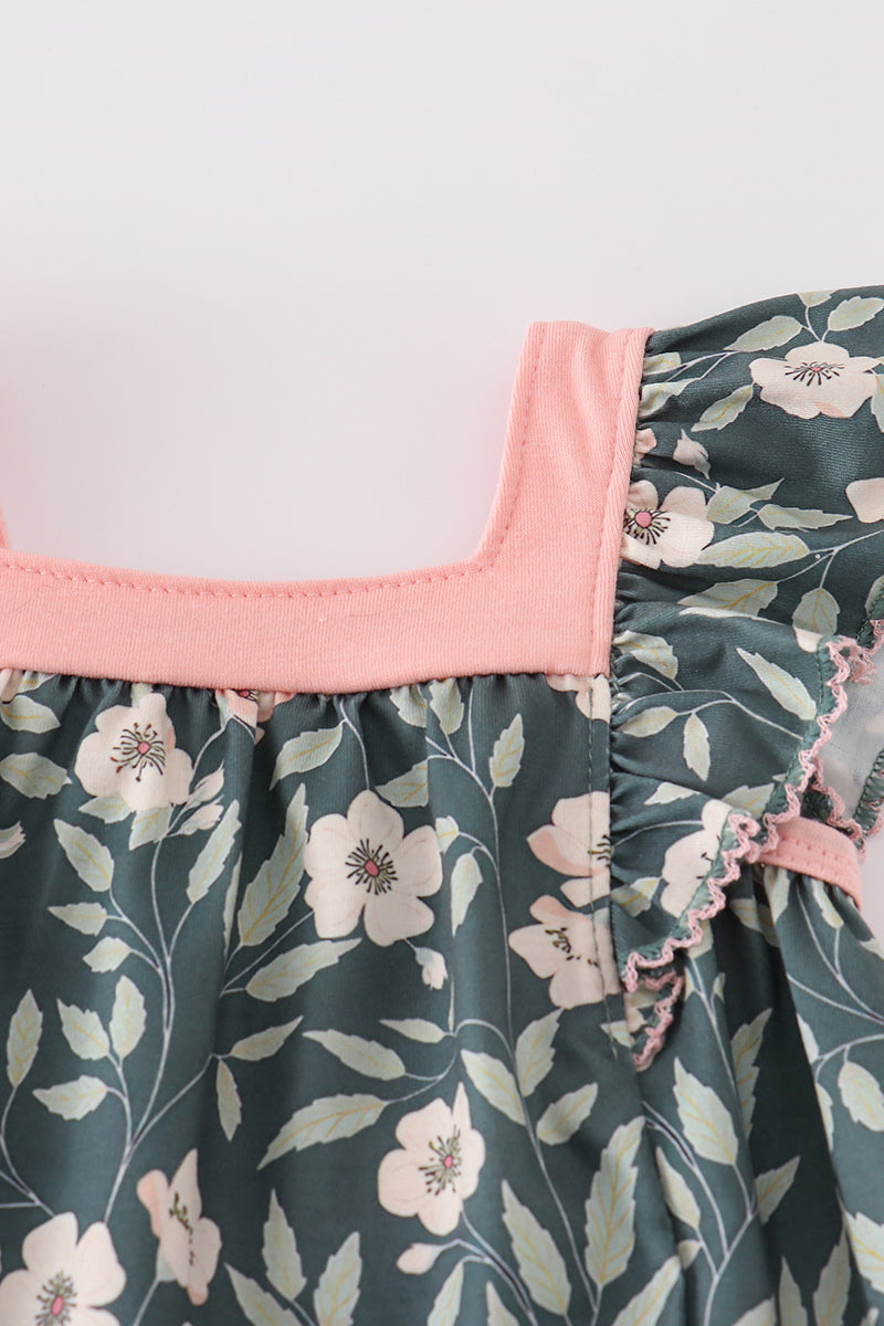 Green forest bloom print girl bloomer set with ruffled sleeves and floral pattern.