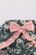Green forest bloom print girl bloomer set with ruffled sleeves and floral pattern.