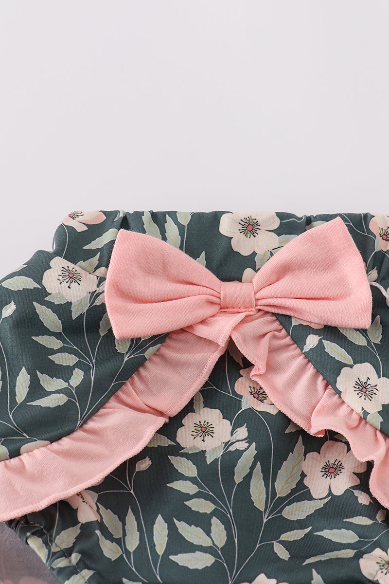 Green forest bloom print girl bloomer set with ruffled sleeves and floral pattern.