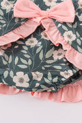 Green forest bloom print girl bloomer set with ruffled sleeves and floral pattern.