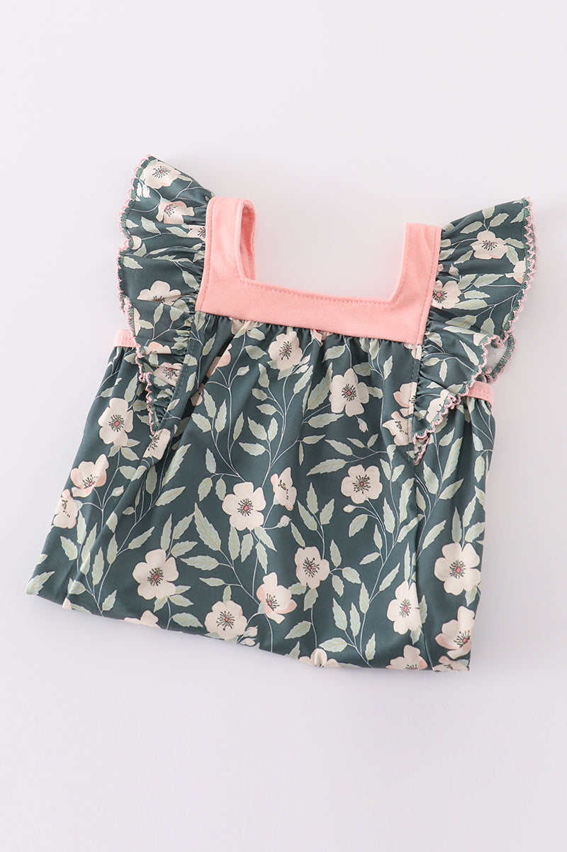 Green forest bloom print girl bloomer set with ruffled sleeves and floral pattern.