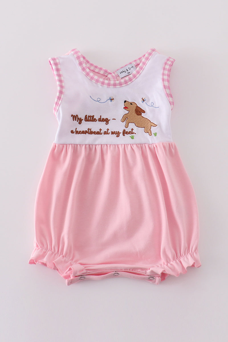 Adorable pink bubble romper with cute puppy embroidery, perfect for little girls.