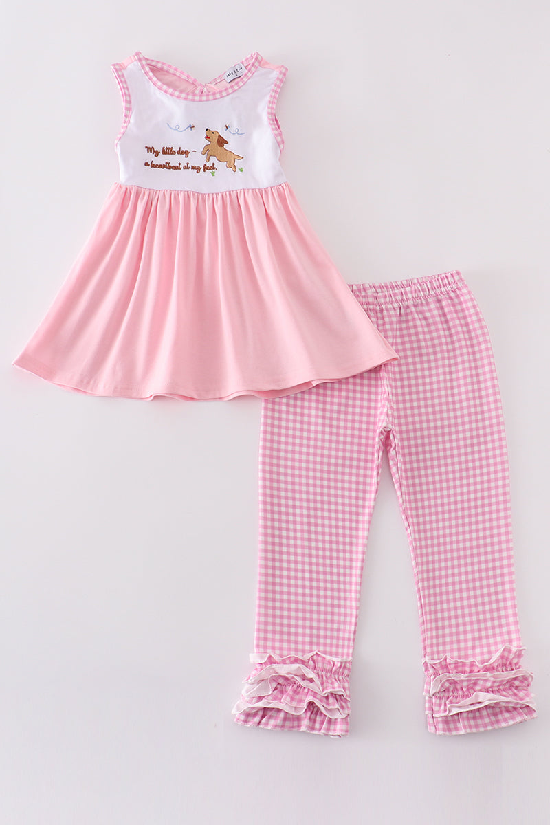 Adorable pink girl set with cute puppy embroidery, perfect for playtime.