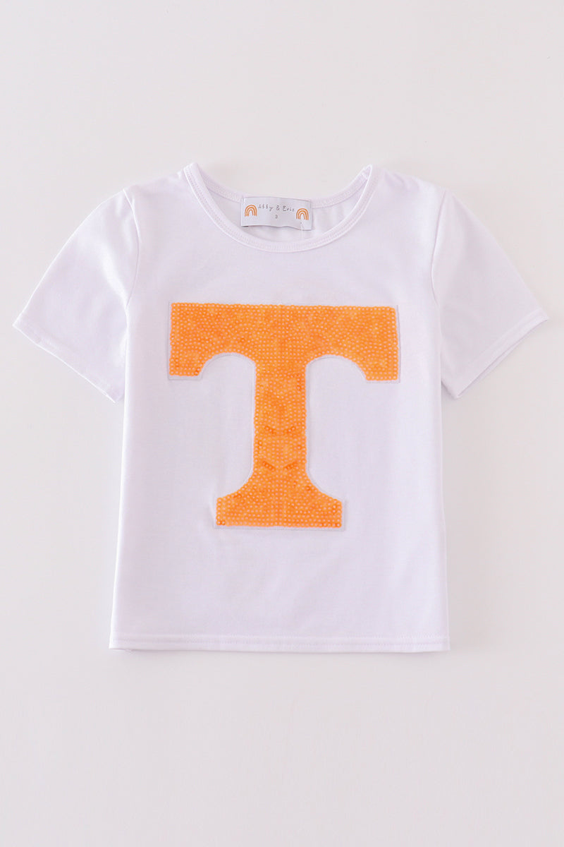 Matching Tennessee sequin tops in vibrant orange with playful sparkle for mom and child.