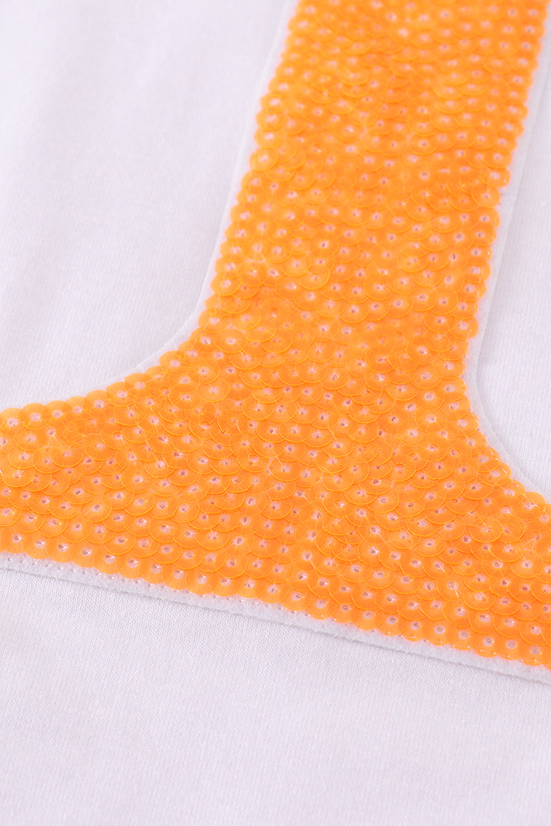 Matching Tennessee sequin tops in vibrant orange with playful sparkle for mom and child.