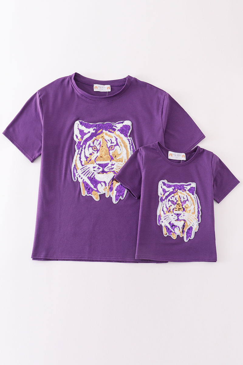 Purple LSU tiger sequin top for kids, perfect for game day.
