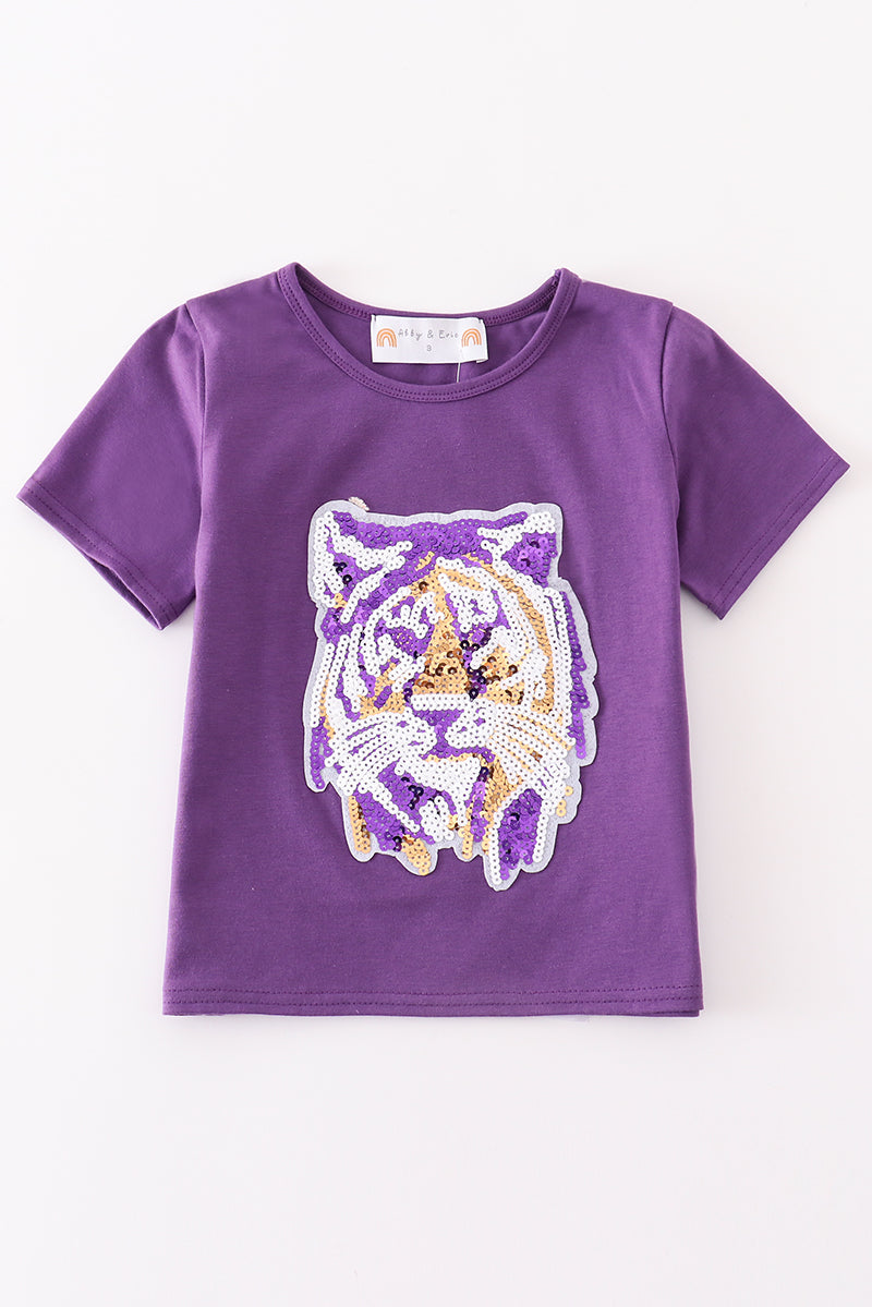Purple LSU tiger sequin top for kids, perfect for game day.
