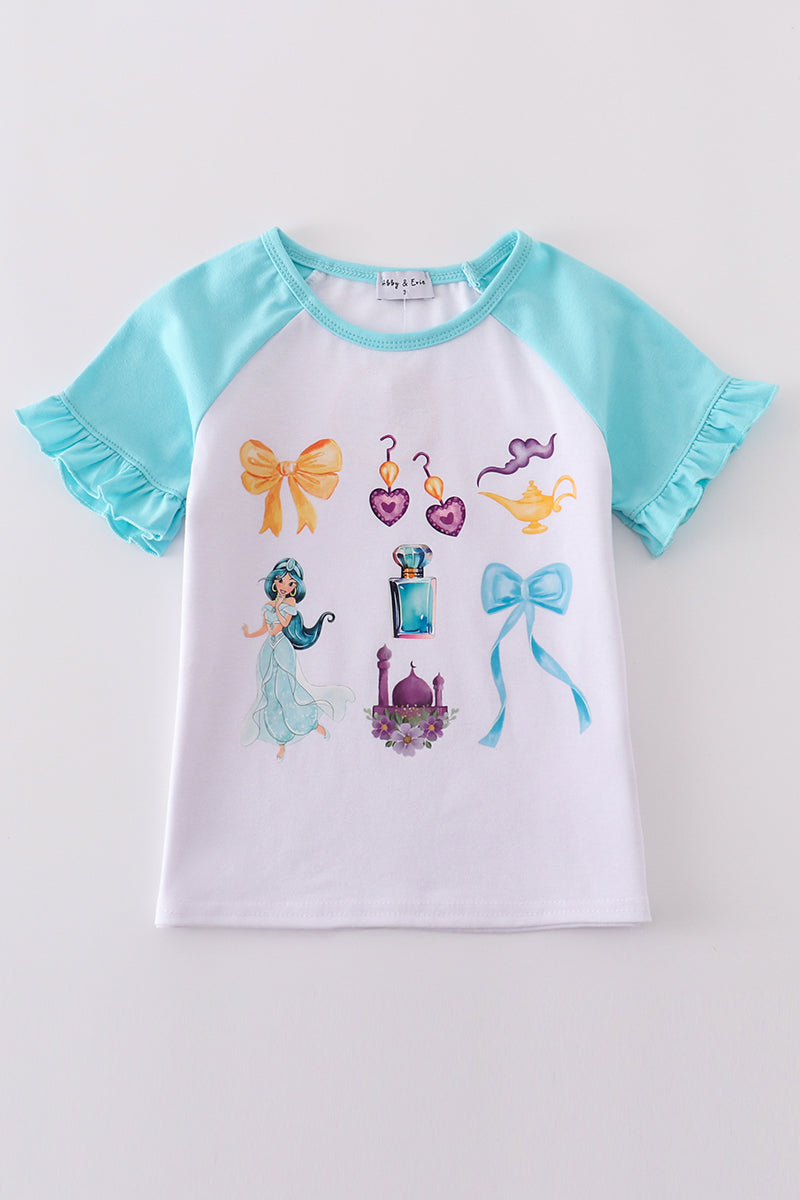 Mint green girl’s top with a whimsical bow print, perfect for playful days.