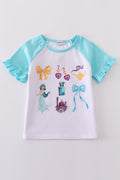 Mint green girl’s top with a whimsical bow print, perfect for playful days.