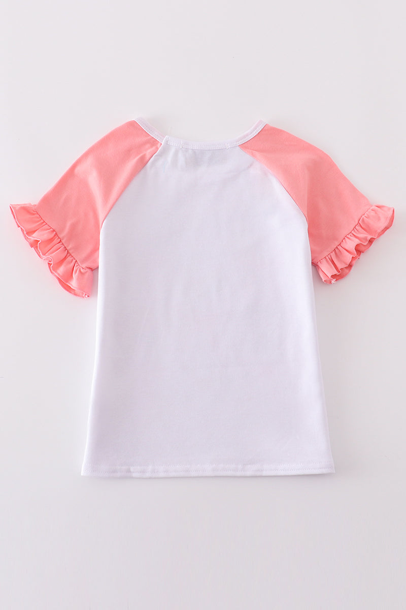 Pink baseball bow tie girl top with playful pattern from Sandilake Clothing.