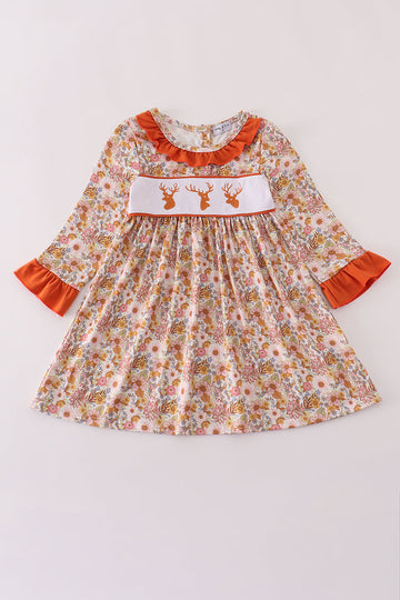 Rust flroal print deer embroidery ruffle dress