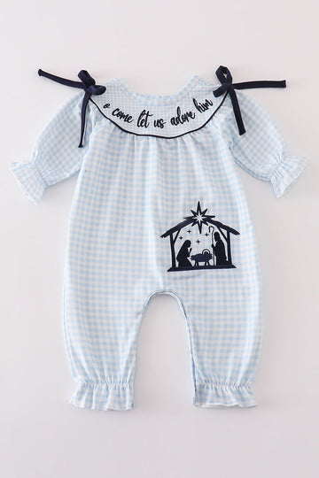 Navy plaid nativity embroidery girl romper