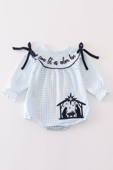 Navy plaid nativity embroidery girl bubble