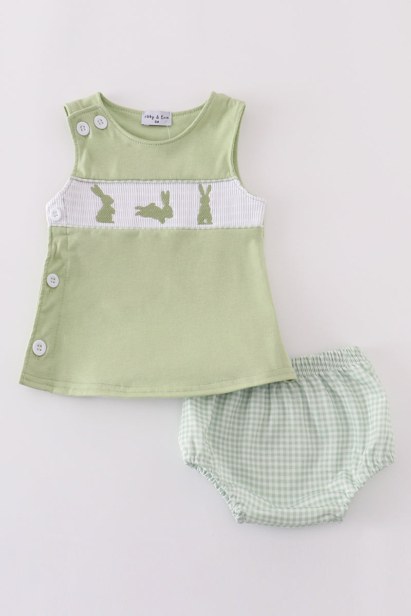 Sage green smocked bloomer set with cute bunny embroidery for toddlers.
