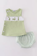 Sage green smocked bloomer set with cute bunny embroidery for toddlers.