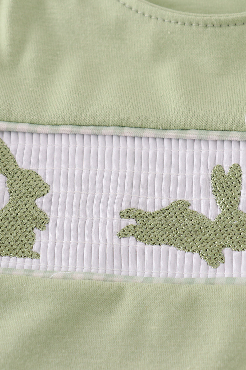 Sage green smocked bloomer set with cute bunny embroidery for toddlers.