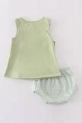 Sage green smocked bloomer set with cute bunny embroidery for toddlers.