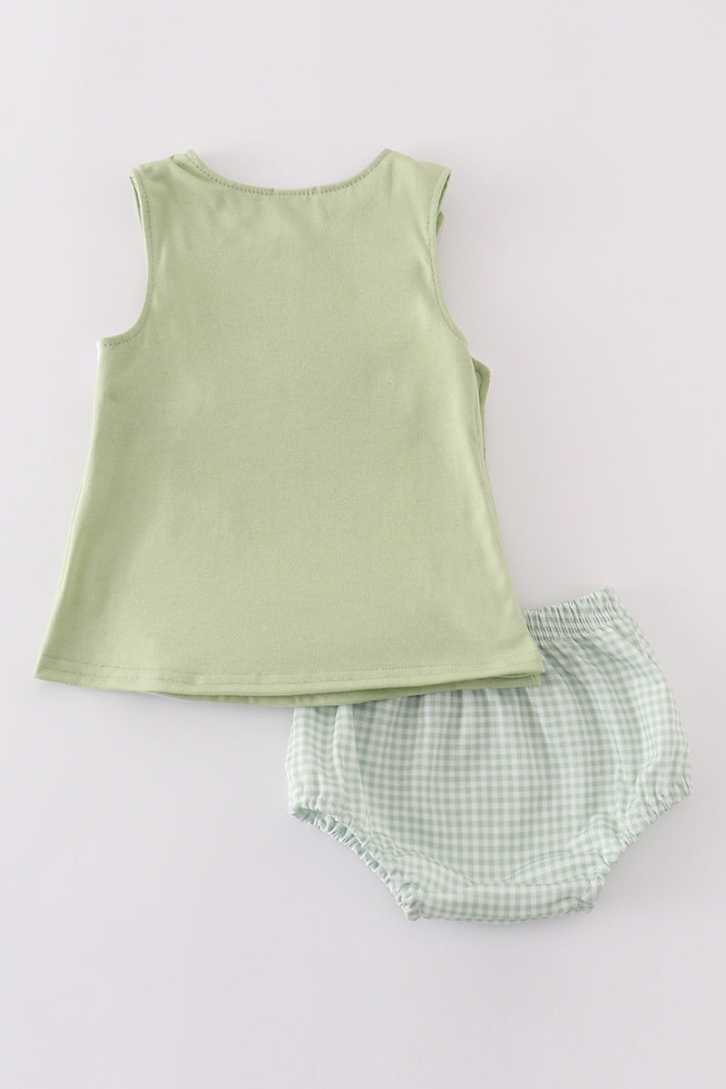 Sage green smocked bloomer set with cute bunny embroidery for toddlers.