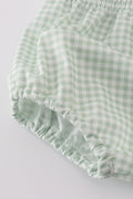 Sage green smocked bloomer set with cute bunny embroidery for toddlers.