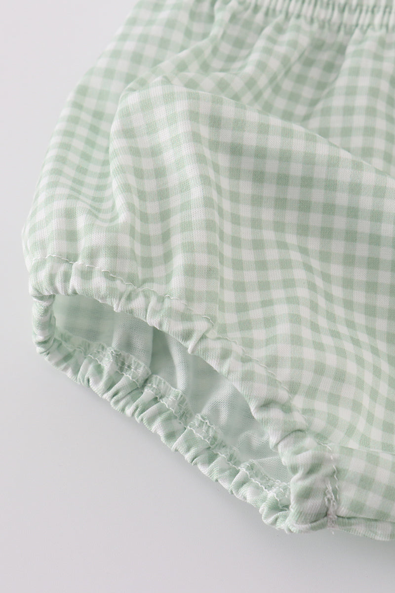 Sage green smocked bloomer set with cute bunny embroidery for toddlers.