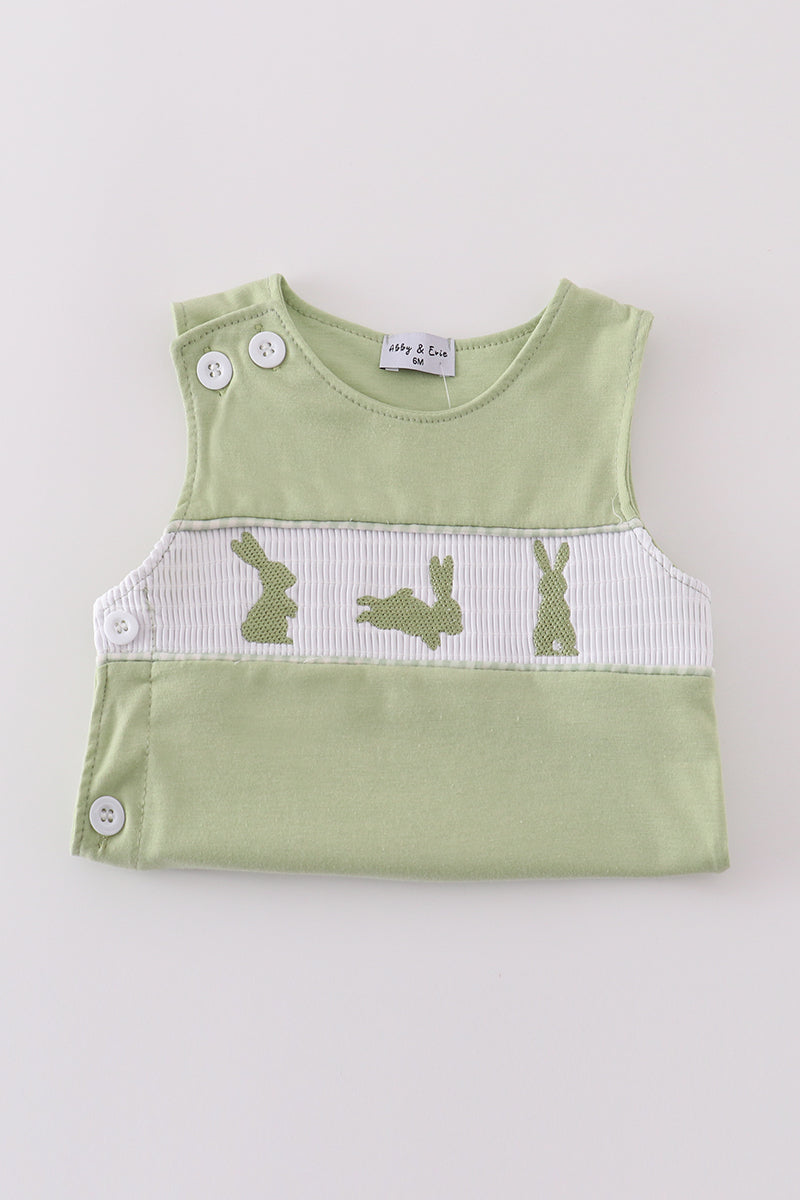 Sage green smocked bloomer set with cute bunny embroidery for toddlers.